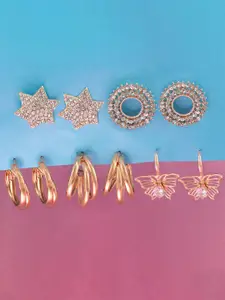PRIVIU Set of 5 Rhinestone Rose Gold Plated Geometric Studs & Hoop Earrings