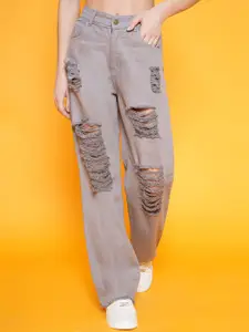 BAESD Women Highly Distressed Light Shade Straight Fit High Waist Ripped Denim Jeans