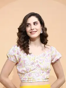 Global Republic Floral Printed Puff Sleeves Wrap Crop Top