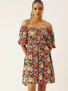 bebe Dose of Vitamin Floral Print Off-Shoulder Puff Sleeve Fit & Flare Dress