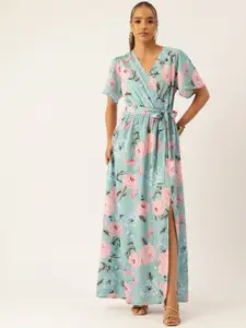 bebe Dose of Vitamin Floral Print Flutter Sleeve Fit & Flare Maxi Dress