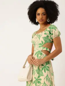 bebe Tropical Printed Cut-Out Detailed Puff Sleeve Maxi Dress