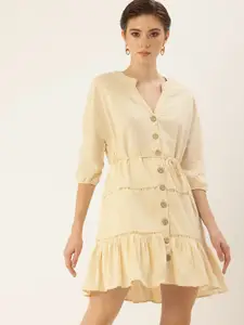 bebe Mandarin Collar Drop-Shoulder Sleeves Gathered Detail Belted A-Line Mini Dress