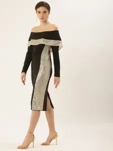 bebe Embellished Detail Off-Shoulder Sheath Midi Party Dress