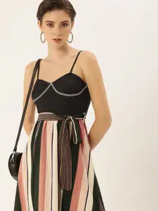 bebe Striped Shoulder Straps Belted A-Line Midi Dress