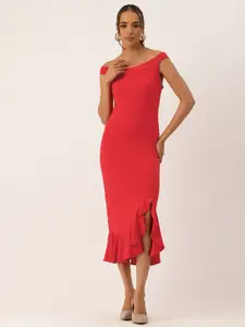bebe Future Glam Off-Shoulder Ruffled Sheath Dress