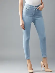 DOLCE CRUDO Winners Gonna Win Women Blue Skinny Fit High-Rise Cropped Stretchable Jeans