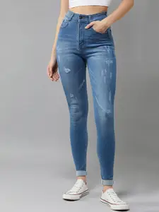 DOLCE CRUDO Women Blue Skinny Fit High Rise Mildly Distressed Light Fade Stretchable Jeans