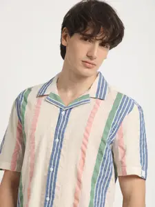 THE BEAR HOUSE Vertical Striped Cuban Collar Pure Cotton Casual Shirt