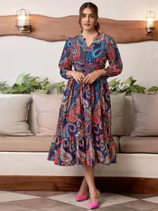 Selvia Women Ethnic Motifs Print Puff Sleeves Gathered Smocked Midi Fit & Flare Dress