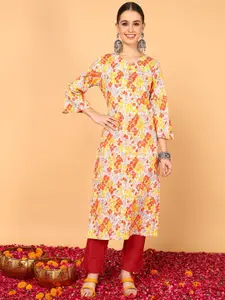 KALINI Floral Printed V-Neck Cotton Straight Kurta