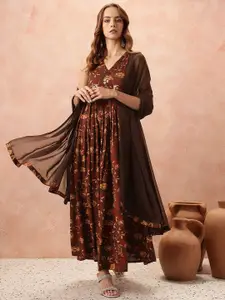all about you Floral Print Flared Ethnic Dress With Dupatta