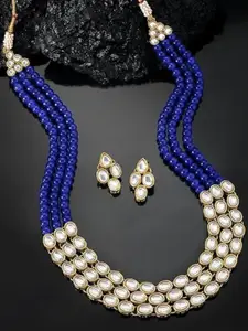 I Jewels Gold-Plated Kundan Pearl Studded Layered Necklace Set