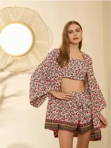 Berrylush Pink Floral Printed Shoulder Straps Casual Crop Top With Short & Shrug