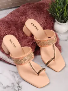Anouk Pink Embellished Open Toe Block Heels