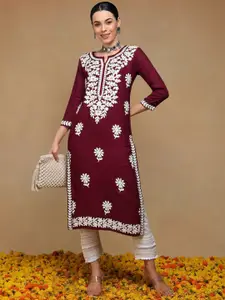 KALINI Floral Embroidered Notch Neck Chikankari Straight Kurta