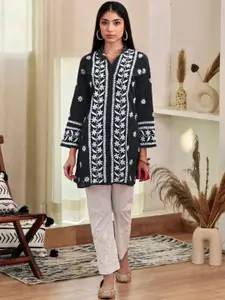 KALINI Floral Embroidered Mandarin Collar Kurti