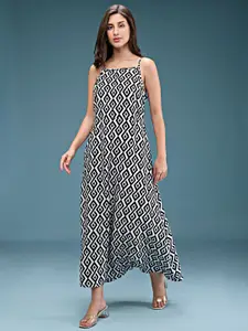 DressBerry Black Geometric Printed Shoulder Straps Sleeveless Maxi Dress