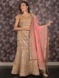 ODETTE Embroidered Mirror Work Semi-Stitched Lehenga & Unstitched Blouse With Dupatta