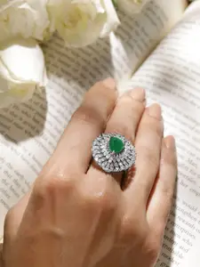 Rubans Rhodium Plated High Quality AD & Emerald Stone Studded Finger Ring