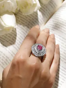 Rubans Premium Rhodium Plated Ruby Gemstone & Zirconia Studded  Adjustable Finger Ring