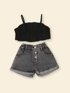 INCLUD Girls Self Design Shoulder Straps Top with Shorts