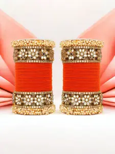 leshya Set Of 48 Brass Plated Stones Studded & Beaded Velvet Flower Mirror Bangles