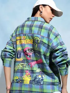 Tokyo Talkies Green & Blue Tartan Checks Opaque Checked Cotton Oversized Casual Shirt
