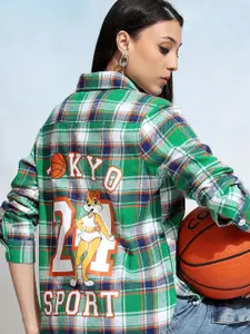 Tokyo Talkies Green & Blue Tartan Checks Opaque Checked Cotton Casual Shirt