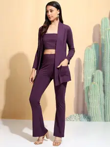 Tokyo Talkies Violet Strapless Ribbed Top & Jacket With Trousers