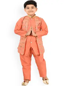 BAESD Boys Embroidered Sequined Mandarin Collar Thread Work Kurta With Pyjamas & Waistcoat