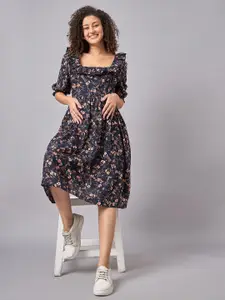 Mine4Nine Women Floral Printed Square Neck Ruffles Detailed Maternity A-Line Midi Dress
