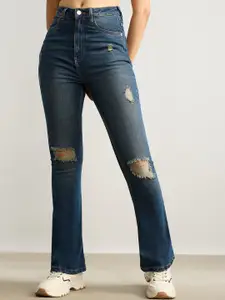 FREAKINS Women Blue Bootcut Light Fade High-Rise Mildly Distressed Cotton Jeans