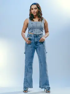 FREAKINS WAVY SEAMED Women Blue Straight Fit High-Rise Heavy Fade Stretchable Jeans