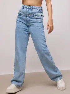 FREAKINS Women Blue Straight Fit Heavy Fade High-Rise Clean Look Cotton Jeans