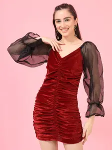 TANDUL V Neck Puff Sleeves Bodycon Dress