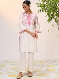 Lakshita Notched Neck Floral Embroidered Flared Sleeves Straight Kurta