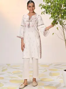 Lakshita Notched Neck Floral Yoke Design Flared Sleeves Straight Kurta