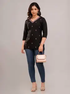 FASHION DEPTH Floral Printed V-neck Embroidered Longline Top