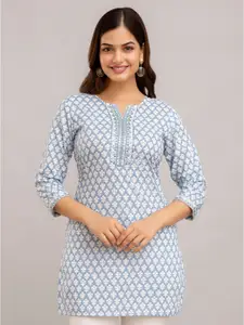 FASHION DEPTH Ethnic Motifs Printed Round Neck Cotton Longline Top