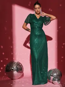 BAESD Embellished V-Neck Flared sleeves Satin Maxi Dress