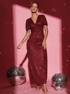 BAESD Embellished V-Neck Flared Sleeves Net Maxi Dress