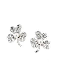Nistra Shamrock Luck Sterling Silver Rhodium-Plated Pearls Beaded Stud Earrings