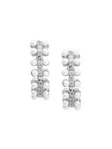 Nistra Pearlfection Huggies 925 Sterling Silver Rhodium-Plated Pearls Beaded Hoop Earrings