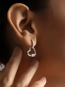 Nistra Dangling Heartline Sterling Silver Rhodium-Plated Cubic Zirconia Drop Earrings