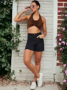 DOLCE CRUDO Women Relaxed Fit High Rise Clean Look Regular Length Stretchable Denim Shorts