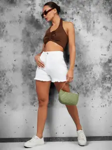 DOLCE CRUDO Blaze Banter Women White High-Rise Above Knee Regular Fit Denim Shorts