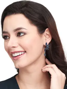 Anvik Silver-Plated Stone-Studded Contemporary Oxidised Drop Earrings