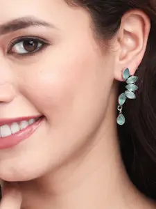 Anvik Silver-Plated Stone-Studded Contemporary Oxidised Drop Earrings