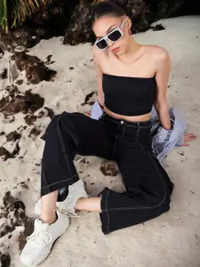 DOLCE CRUDO Women Wide Leg High-Rise Mildly Distressed Stretchable Jeans